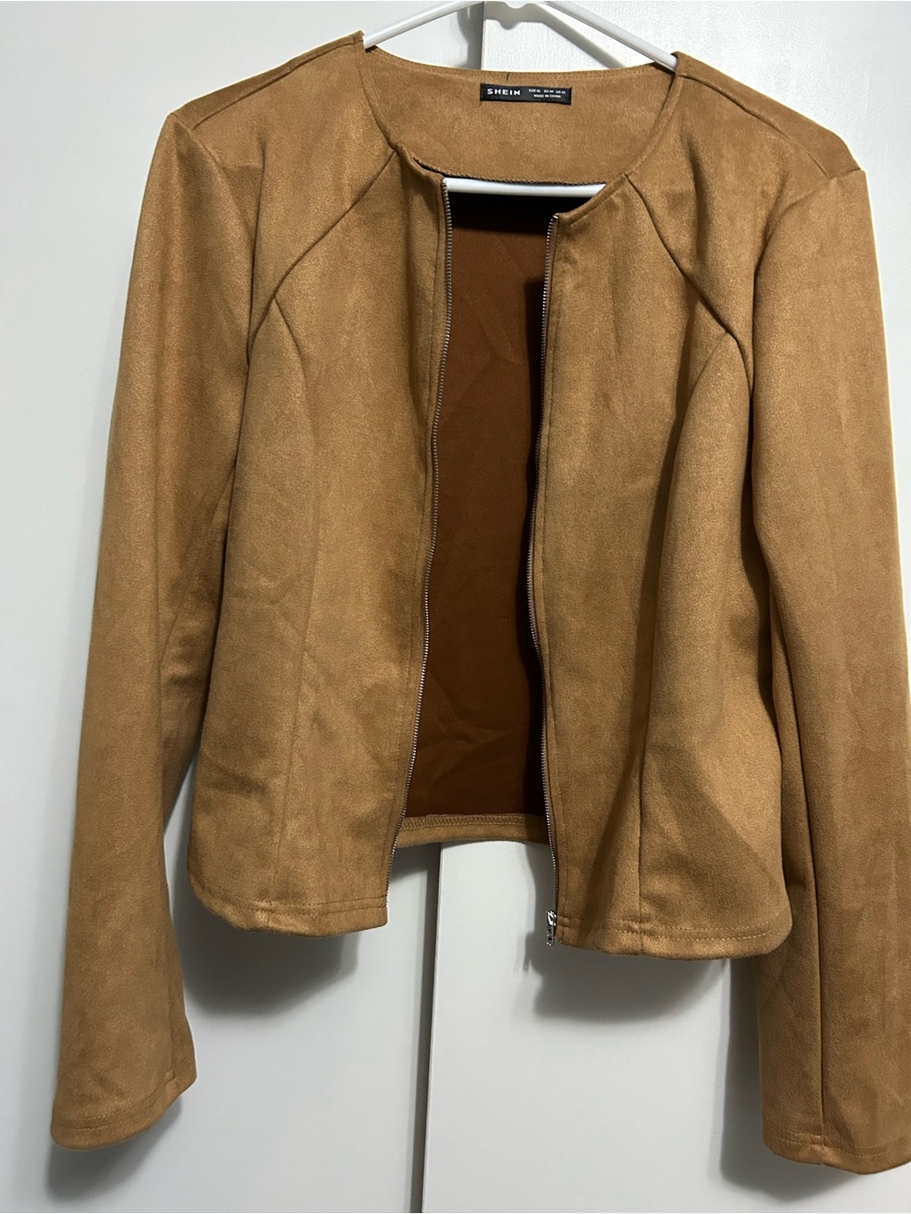 SHEIN Tan Faux Suede Zip-Front Blazer